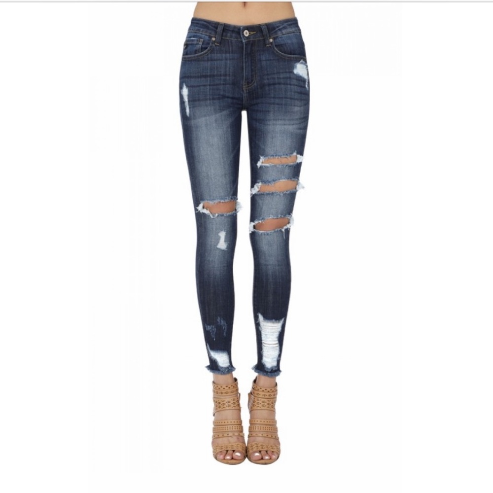 Medium Rise Distressed Dark Wash Jeans